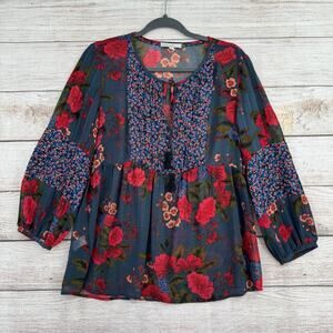 Pale Sky Floral Boho Multi Print Blouse Womens Medium Blue Red Semi Sheer